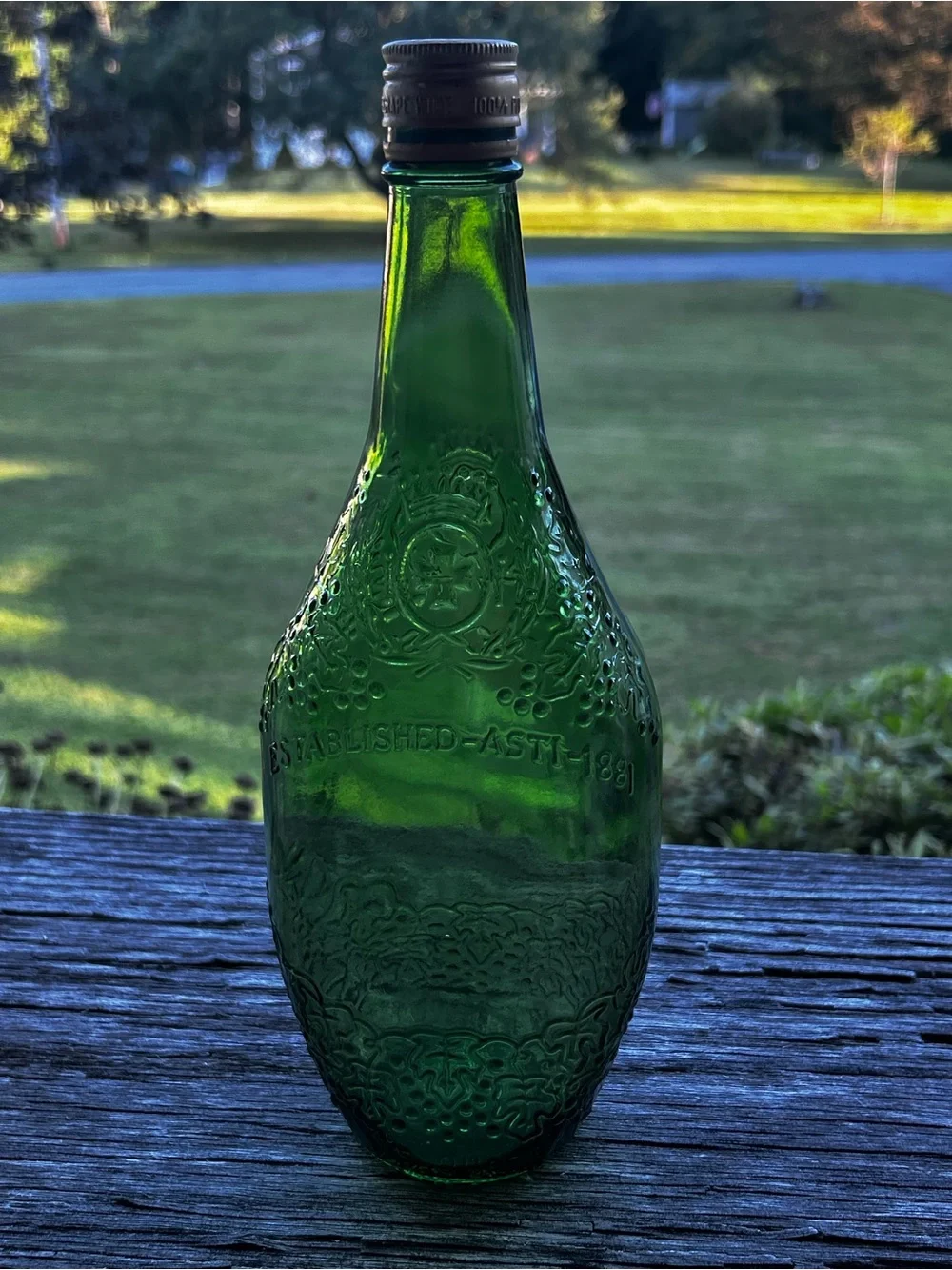 Vintage 1968 United Vinters Green Embossed Glass Bottle Farmhouse decor